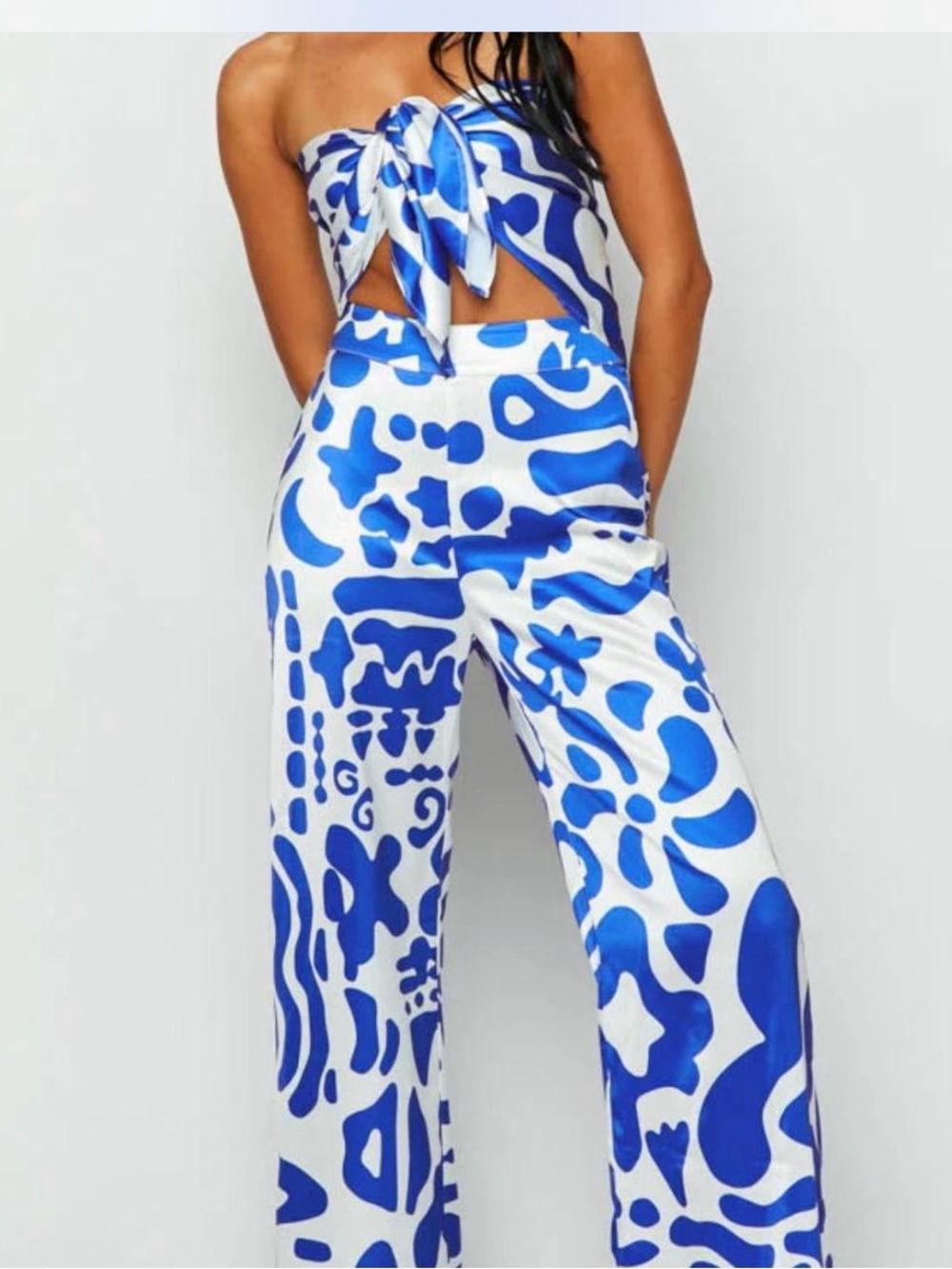 Blue & White Printed Wide-Leg Jumpsuit